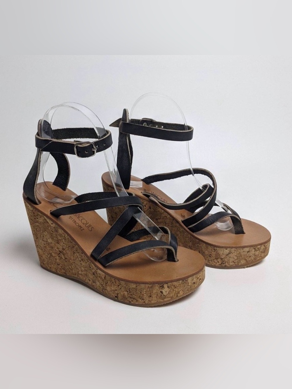 K.Jacques Black Strappy Cork Wedge Sandals Size 39/8.5